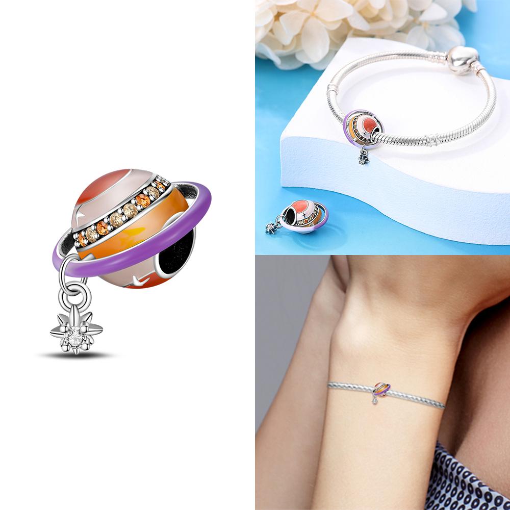 925 Silver Purple Romantic Starry Planet Beaded Necklace Charms Beads Fit Bracelet Women Diy Accessory Fine Gift