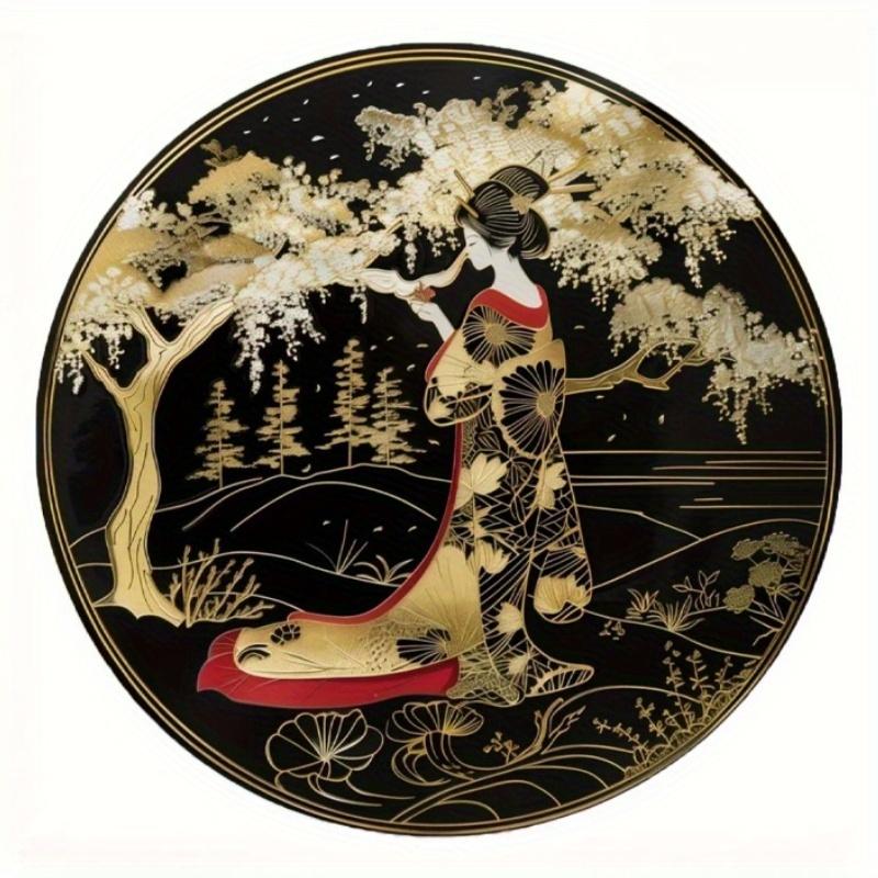 2d Flat 20*20cm, Round Wooden Wall Sign, Japanese Kimono Decorative, Paper Cuttings Decorations, Entrance Decor Gift, for Bar, Cafe, Home, Wall Decor.