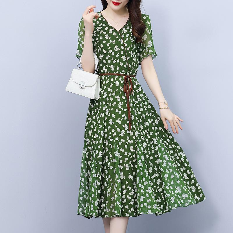 Západní styl květinový výstřih do V 2024 Nové letní temperamentní ženy Pokrývají maso a tenké módní šifonové šaty Ženy