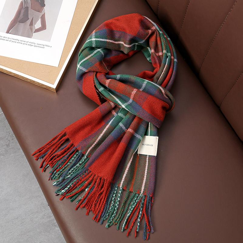 Vintage Green Plaid Tassel Scarf Women Imitation Cashmere Thickened Warmth Autumn Winter Shawl Wrap Scarves Pashmina