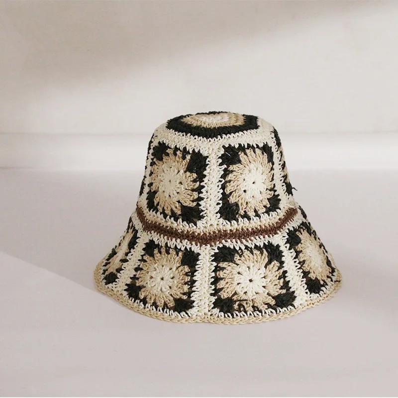 Japan Korea Crochet Beach Straw Hat Women Summer Flowers Grid Pure Hand-woven Hat Sunshade Fisherman Breathable Bucket Gorras