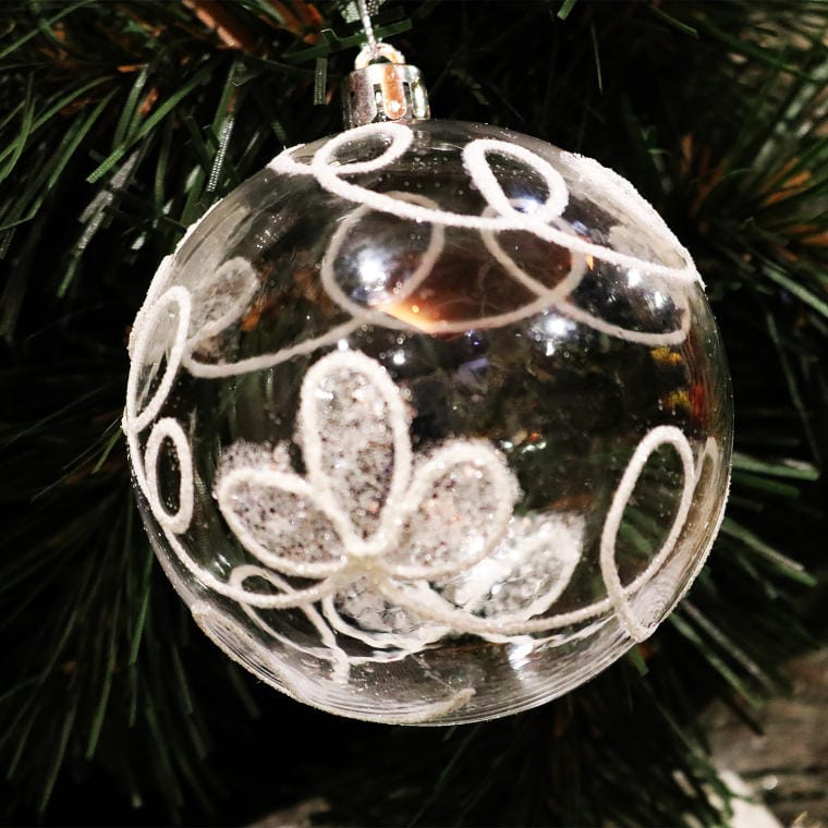 Set of 6 Transparent Plastic Baubles with White Glitter, 8 cm