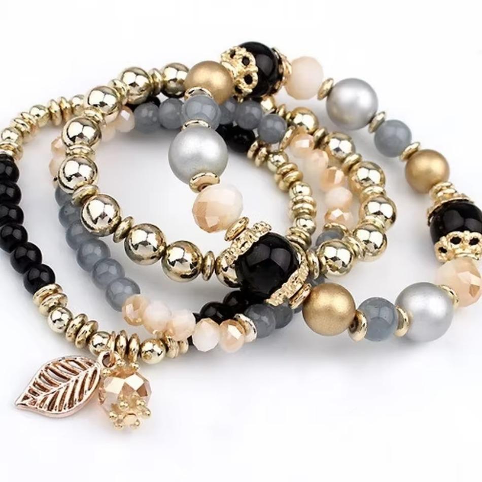 4 Pcs Fashionable and Simple Crystal Bead Pendant with Branches Leaves Versatile Multi-layer Bead Temperament Women's Bracelet