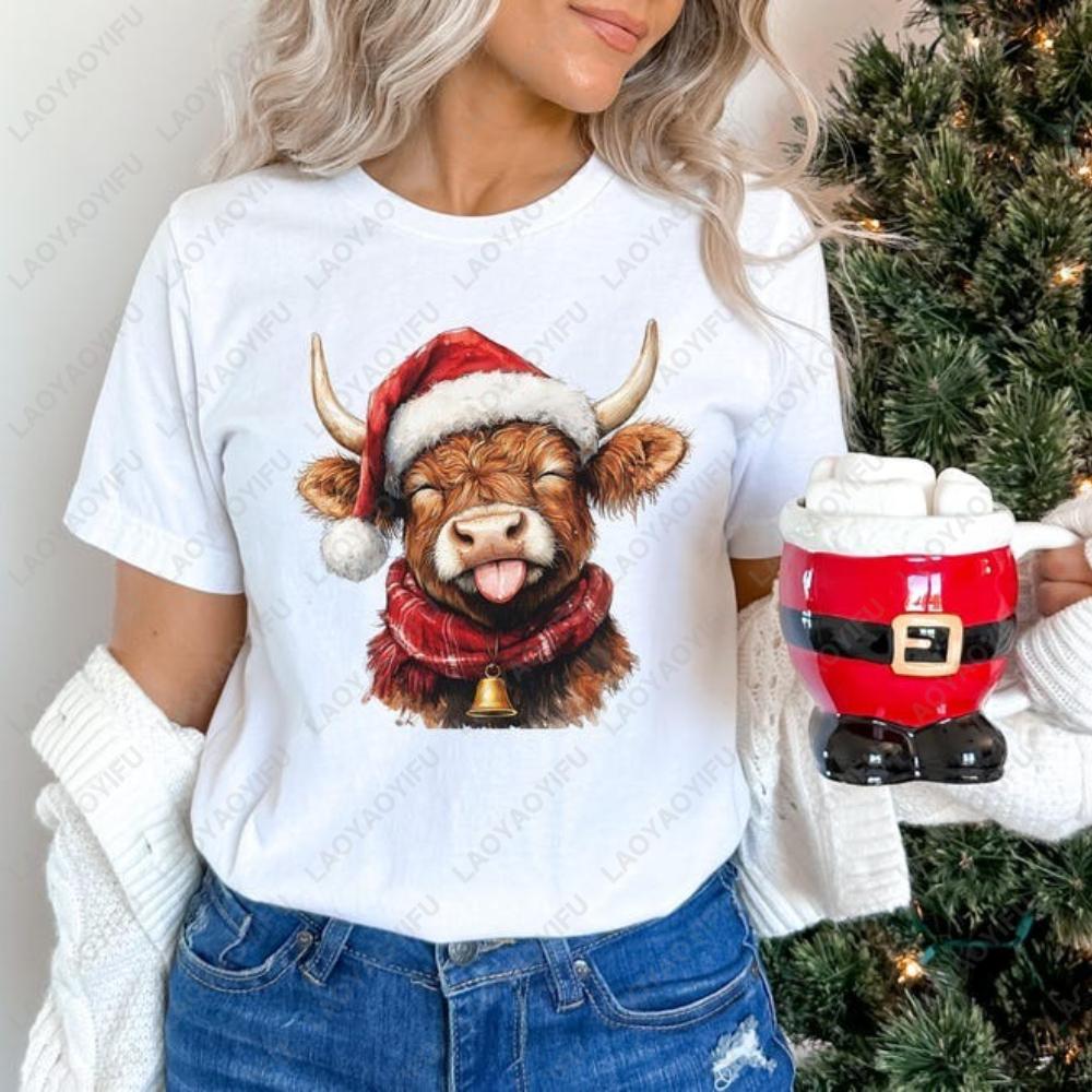 Funny Highland Cow Christmas Shirts Farm Cow with Santa Hat T-Shirt Xmas Bell Country Woman Men Christmas T Shirts Print Tops