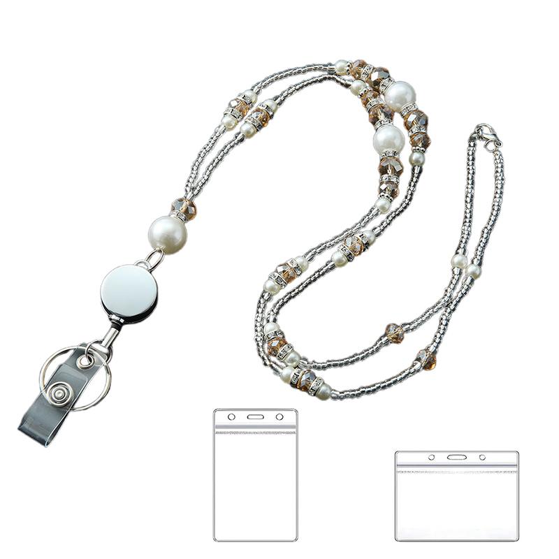 Lanyards For ID Badges And Keys, Retractable Badge Lanyard For Women, Beaded Teacher Lanyard With Badge Reel And ID Holder шампанского