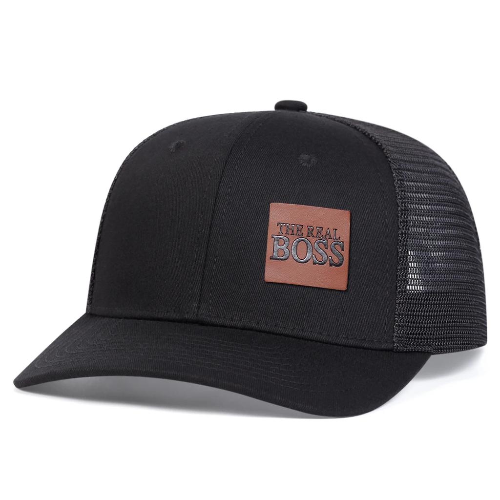 Unisex THE REAL BOSS Letter Brown Leather Label Baseball Net Caps Outdoor Adjustable Spring and Summer Casual Sunscreen Hat