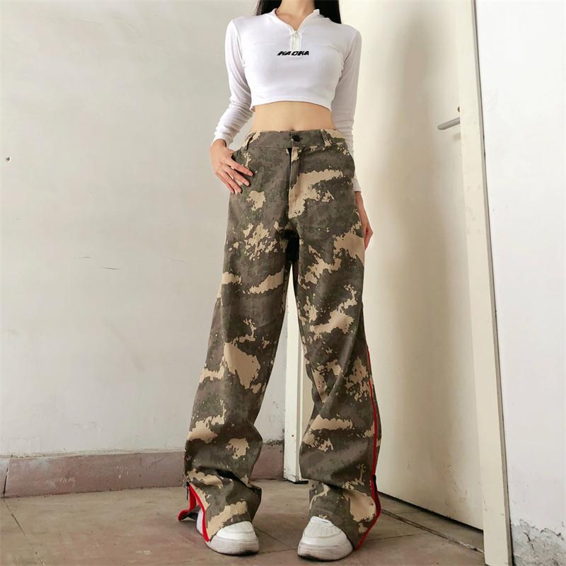 Pantaloni casual de primăvară toamnă Tide Hot girl retro talie înaltă pantaloni de camuflaj hiphop americani pentru femei salopete Harajuku largi