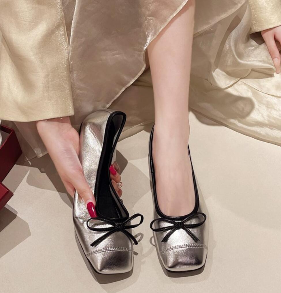 Elegant Silver Bowknot Ballerina Women's Square Head Flat Shoes Comfort Slip-On Ladies Loafers Soft-soled Ballet Flats Boat Shoe