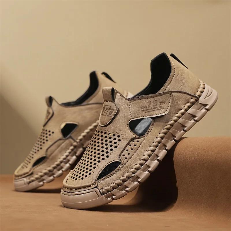 Mode Neue Sommer Leder Freizeitschuhe Business Herren Hollow Out Sandalen Schnelltrocknend Wading Aqua Schuhe Mann Atmungsaktiv Männlich Strand Turnschuhe