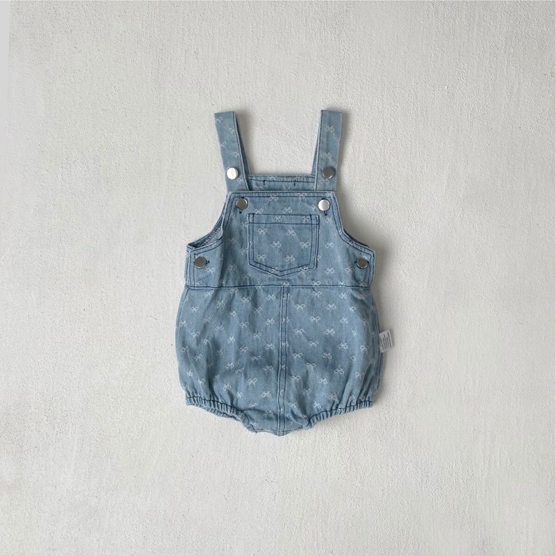 Infant Denim Overalls Romper with Pockets and Bowknot, Fashionable Baby Girl Clothing Blue 66