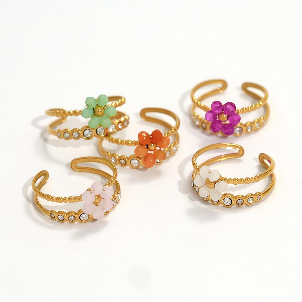Exquisite Colorful Zircon Flower Design Stainless Steel Rings Gold Plated Waterproof Jewelry For Daily Wear Vacation Seaside
