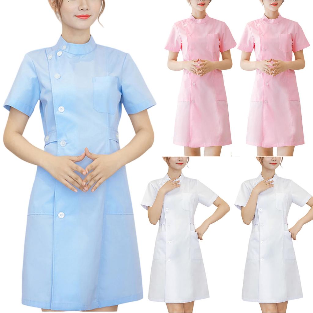 Women's Fashion Bias Lapel Standing Neck Short Sleeve Solid Color Uniform Dresses