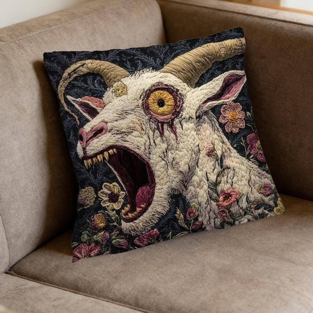 Soft Pillow Spooky Goat Face 2D Flat Printed Pillow Cushion Cover 18x18 Funny Screaming Goat Home Decor Covers For Sofa Bed