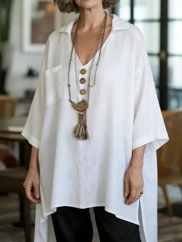 Spring/Summer 2026 Women's Cotton-Linen Top: European & American Style, Solid Color, Casual Loose Fit with Buttoned Short Front-Back Design.