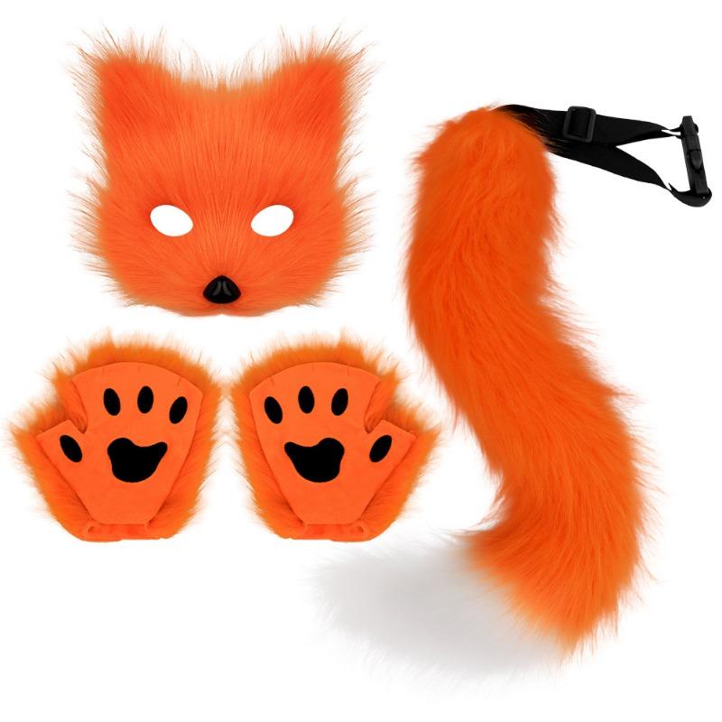 Halloween Set, Simulated Fox Mask Gloves, Plush Fox Tail, Handmade Beast Tail Cos Prop Accessories.