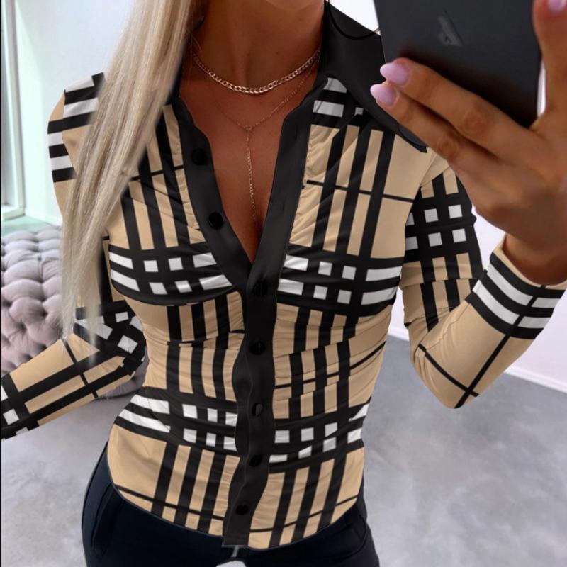 BITCED Women's Autumn Long Sleeve Simple Sexy V-Neck Printed Ladies Shirt Blouse