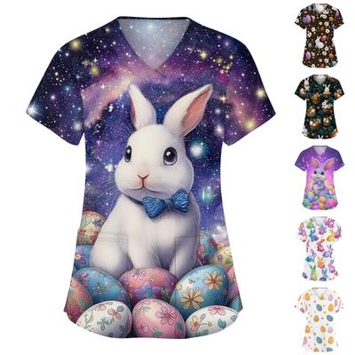 Women's Fashion V-neck Short Sleeve Workwear With Pockets Printed Tops