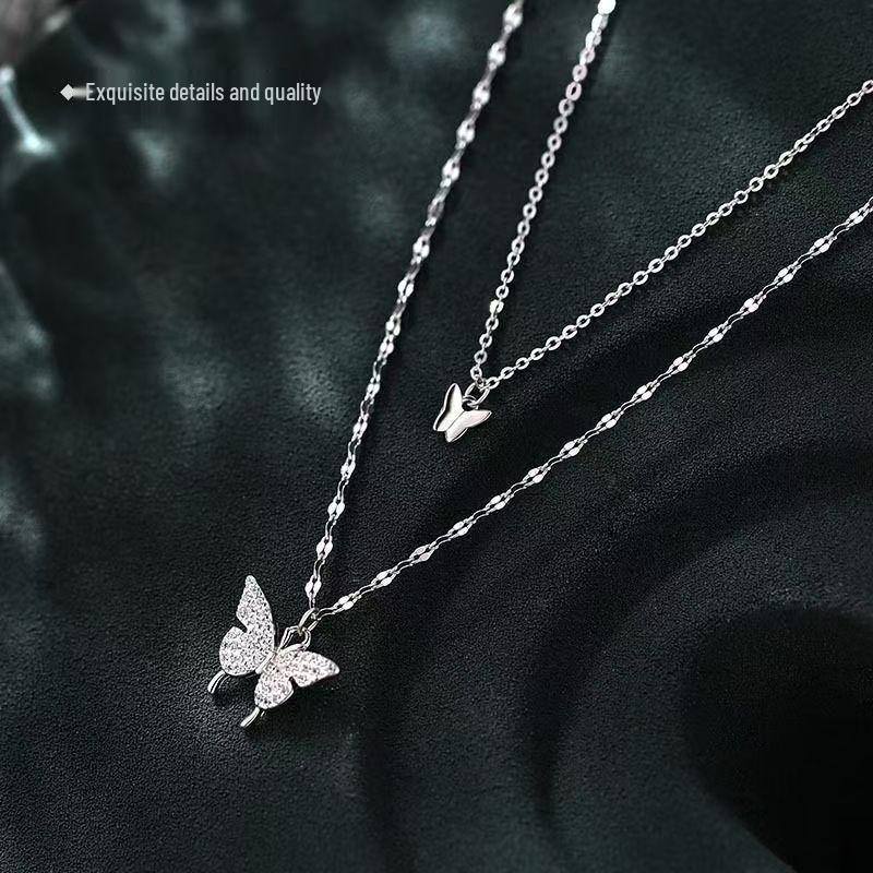 Butterfly Double-Layer Diamond Inlaid Necklace - High-End Cool Style, Shiny, Simple, Versatile Accessory for Women.