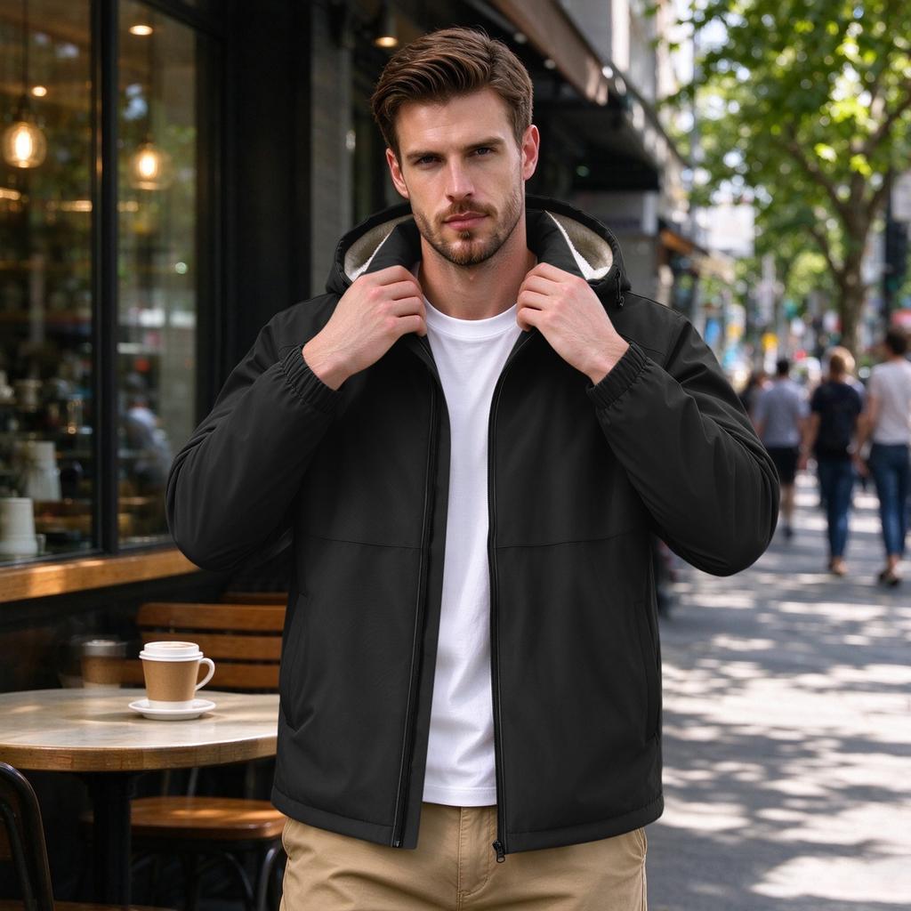 Men's Hooded Windproof Outdoor Jacket, -Lined Thickened Casual Sports Coat