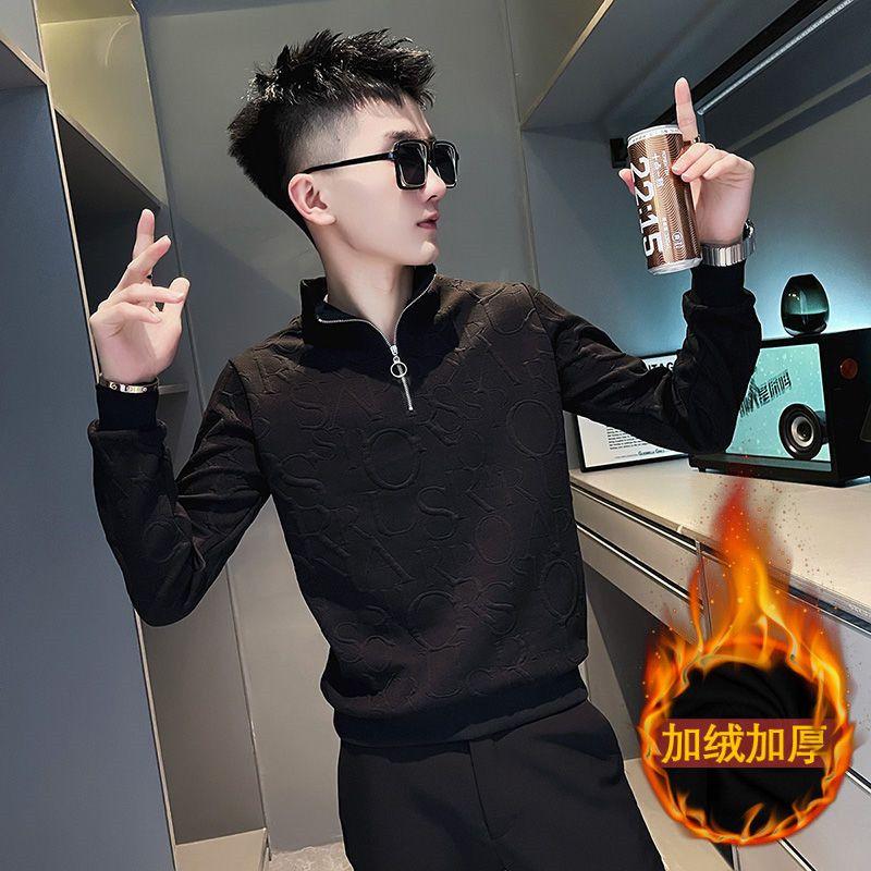 Half Zipper Sweatshirt Men's Trendy Long-sleeved T-shirt Autumn and Winter Plush Trendy Top