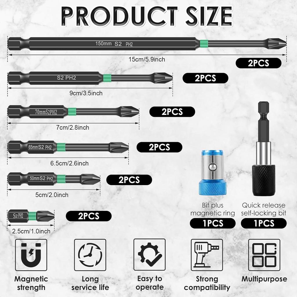 12Pcs High Hardness and Strong Magnetic Bits, D1 Anti-Slip Magnetic Drill Bits, 1/4inch Hex Shank Impact Cross Bit, Shock-Proof Impact Screw Driver