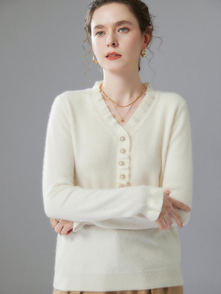 Solid Color Women's Cashmere Knit V-Neck Lace Top
