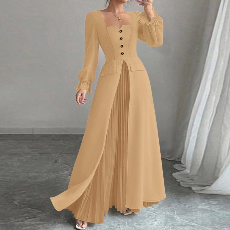 ZANZEA Women Casual Square Collar Long Sleeve Elegant Long Dress