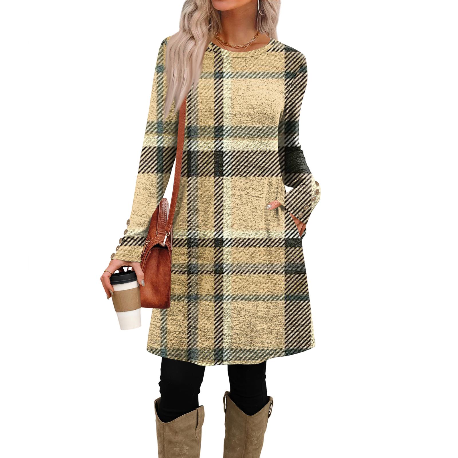 

Женское модное повседневное платье с карманами, декоративными пуговицами, круглым вырезом и длинными рукавами S жёлтый