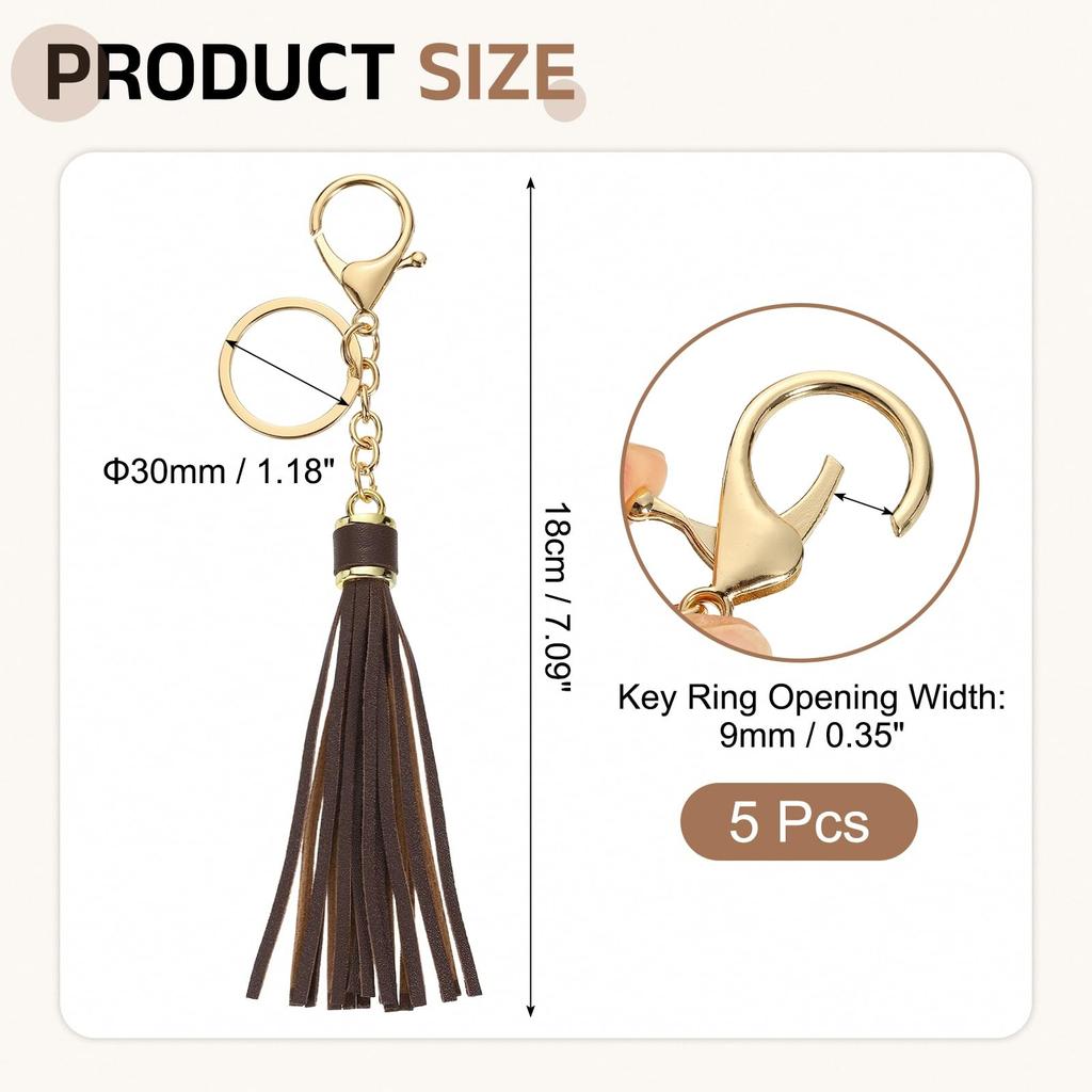 uxcell 5-Piece Set of Leather Keychain Tassels for Women, Lobster Buckle Key Rings for Handbags, Wallets, DIY Crafts, Dark Coffee