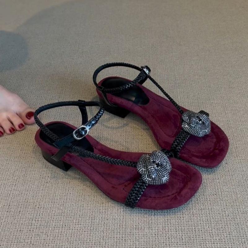 

Lan Cabinet Edition~ Summer New Xiaoxiangfeng Open-toed Square Camellia One-word Buckle Sandals Women s Flat-bottomed Cool Slippers 40 бордовый