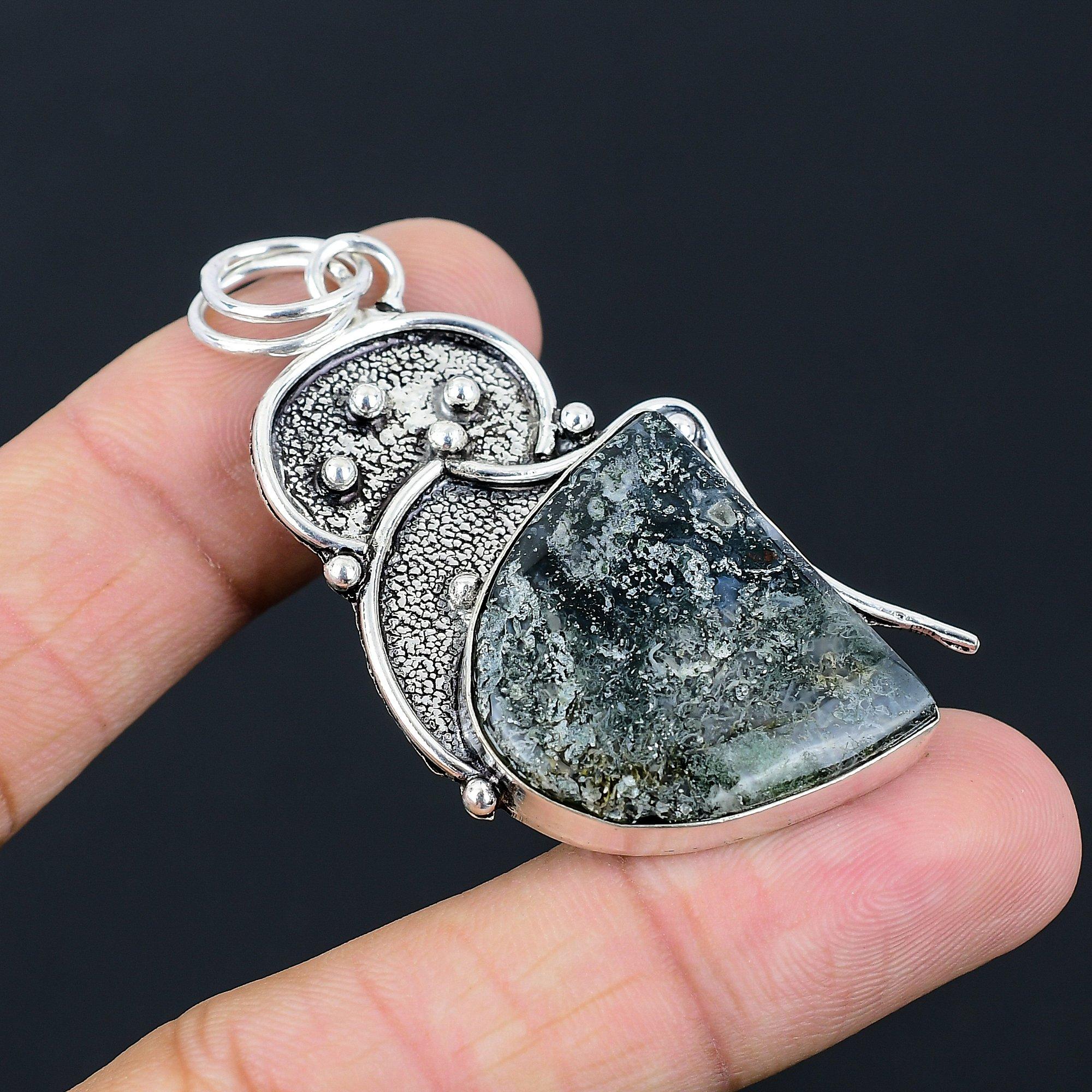 Natural Carved Solar Moss Agate Gemstone Pendant 925 Sterling Silver For Girls