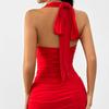 2025, European and American Sexy, Waist Cinching, Slimming, Neck Tie, Hip Hugging and Backless, Red Dress, Female