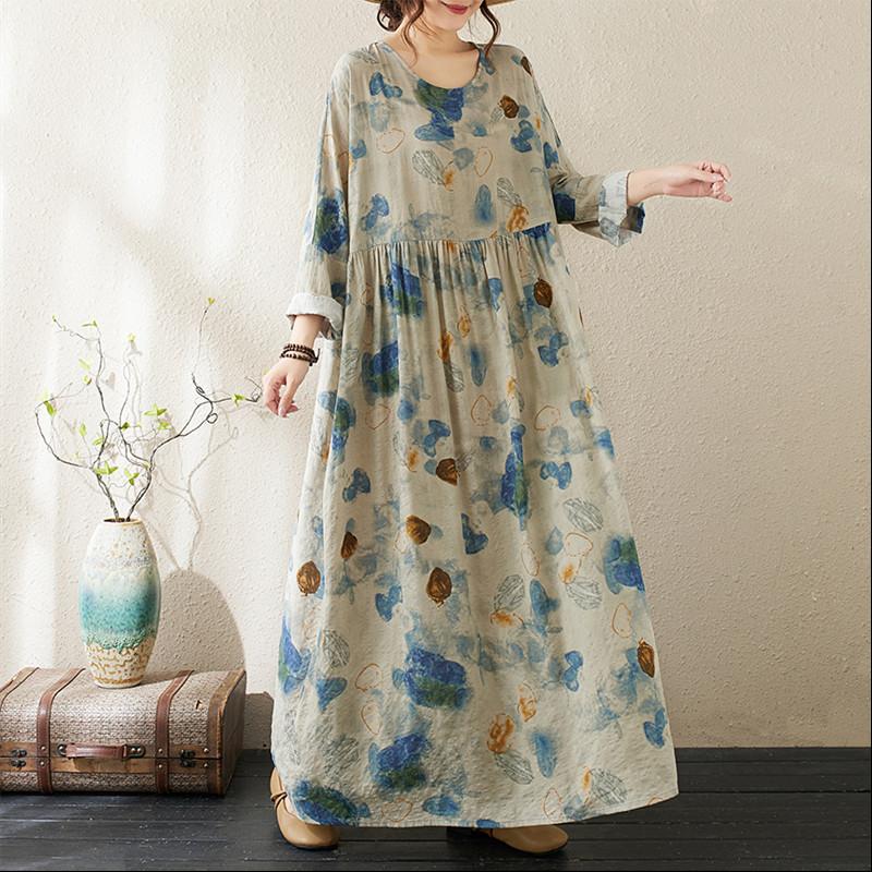 Long Sleeve Plus Size Cotton Vintage Floral New In Dresses for Women Casual Loose Spring Summer Autumn Dress