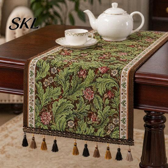 Elegant Dining Table Decor Jacquard Floral Runner, Vintage Peony Farmhouse Runner with Tassels for Home Wedding Party Tassel Edge