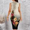 Women Plus Size Sleeveless Round Neck Midi Bodycon Dress Leopard And Rose Floral Gradient Print Slim Fitted Dress