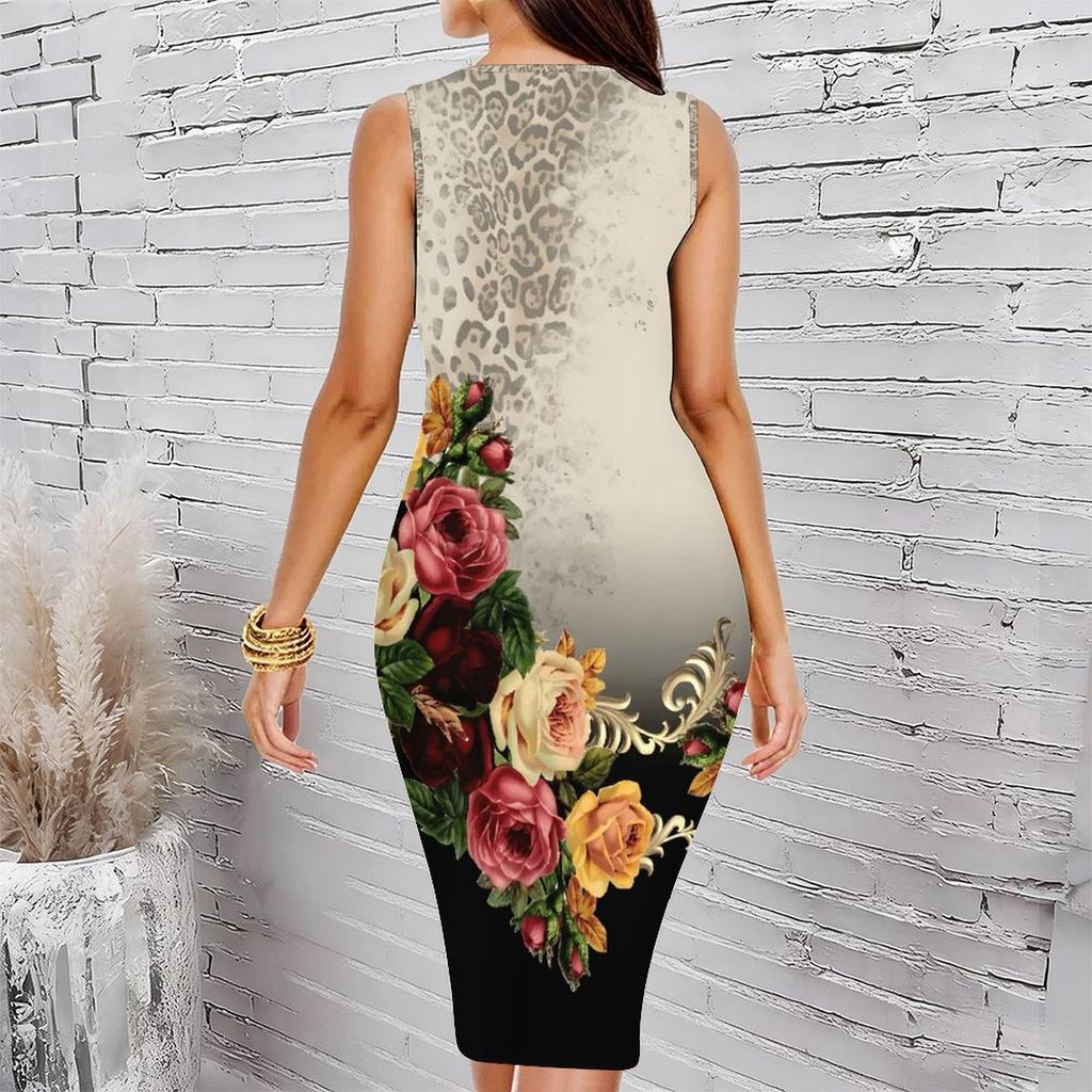 Women Plus Size Sleeveless Round Neck Midi Bodycon Dress Leopard And Rose Floral Gradient Print Slim Fitted Dress