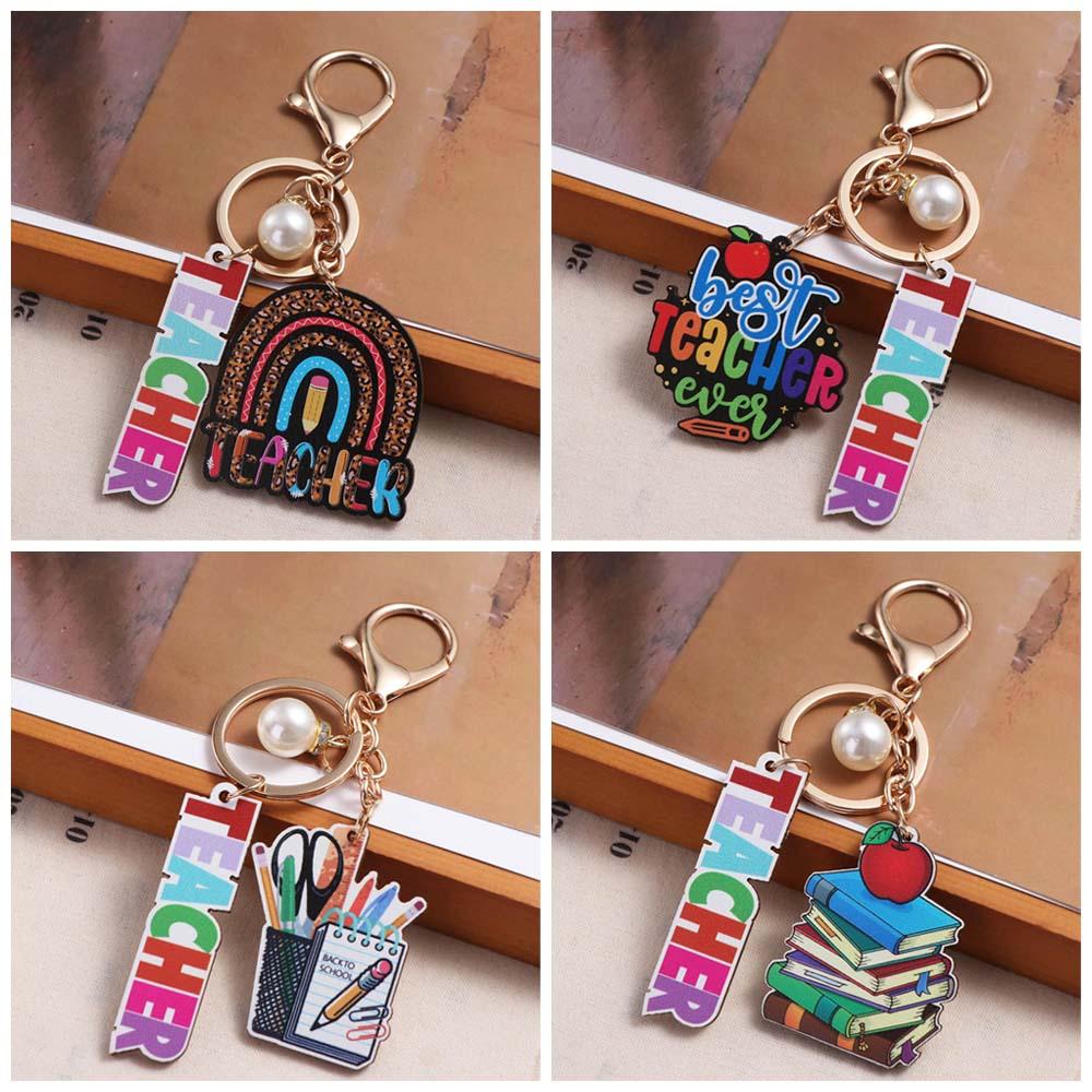 Geometric Shape Teacher's Day Keychain Wooden Pen Holder Key Ring Teacher's Day Gift