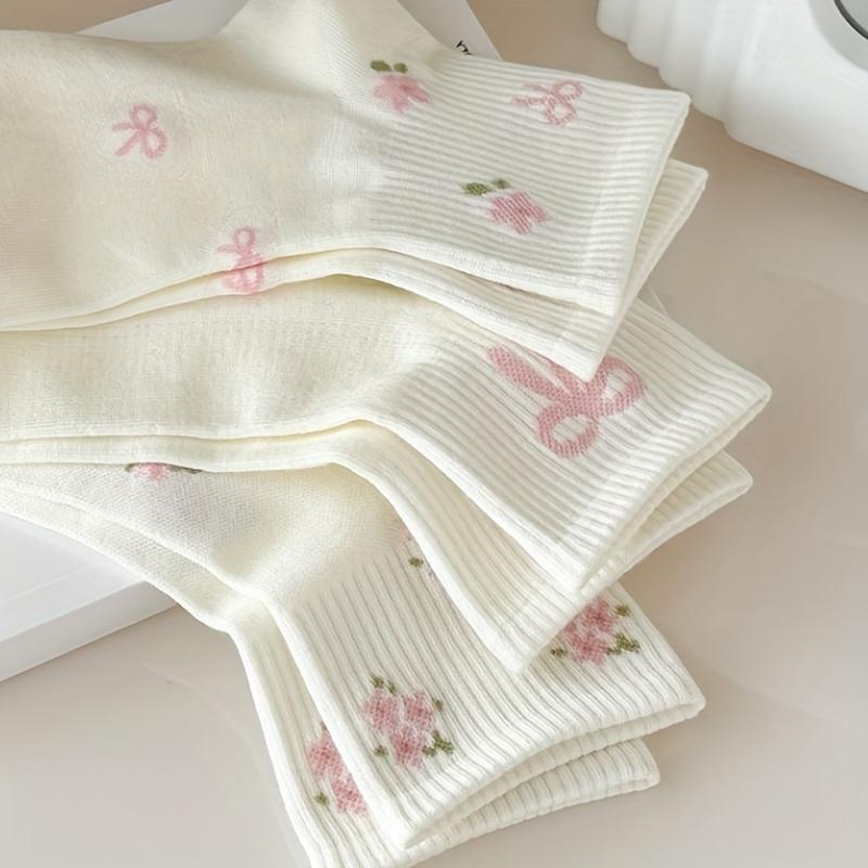Women's Cute Flower Bow Pattern Mid-calf Socks - Fresh and Elegant for Dressing, Breathable and Comfortable,Cute Socks, Nice Sports Socks, Short Socks
