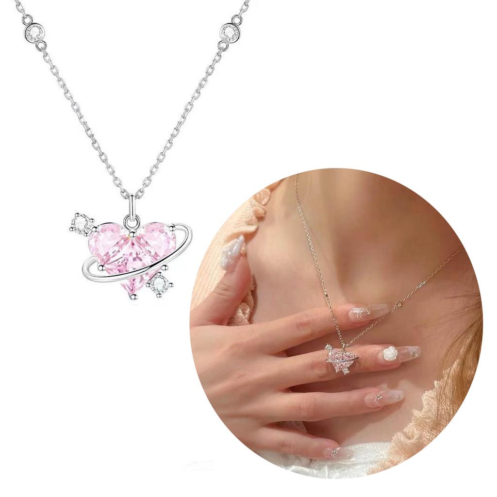 Fashion Crystal Heart Planet Pendant Necklace Earrings for Women Zircon Aesthetic Charm Clavicle Chain Party Jewelry