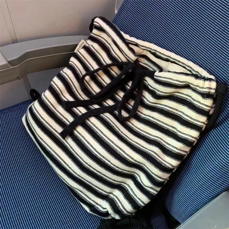 Brand Designer Cotton Striped Women's Backpack Casual Drawstring Bucket School Bag Large Capacity Travel Shoulder Bag CLE