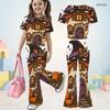 Girls Owl Book Printed Round Neck Short Sleeve Top Flared Pants Two Piece Set