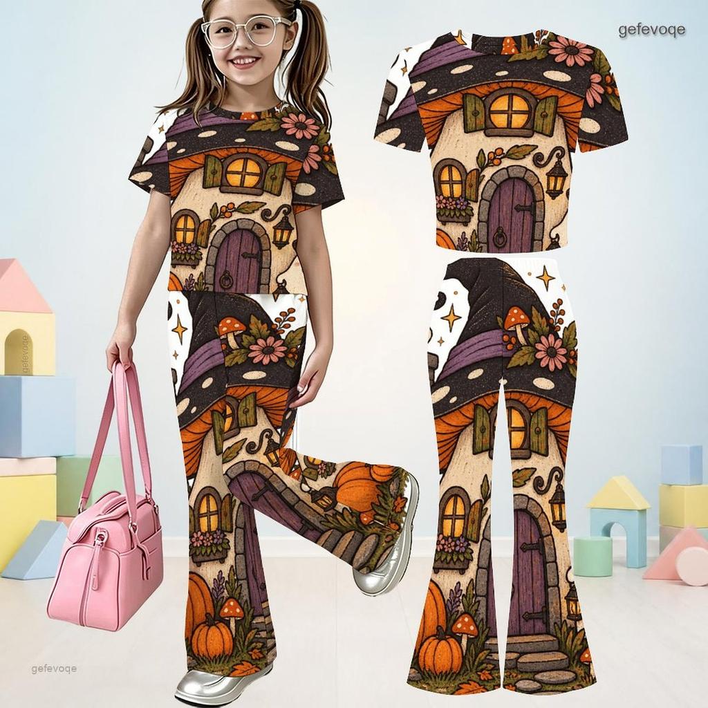 Girls Owl Book Printed Round Neck Short Sleeve Top Flared Pants Two Piece Set