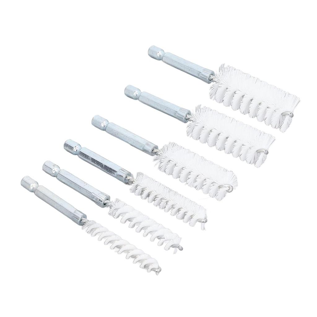Bore Cleaning Brush Set, 6 Pieces with 1/4in Hex Shank, Wire Brush for Drill or Impact Driver (Nylon, White)