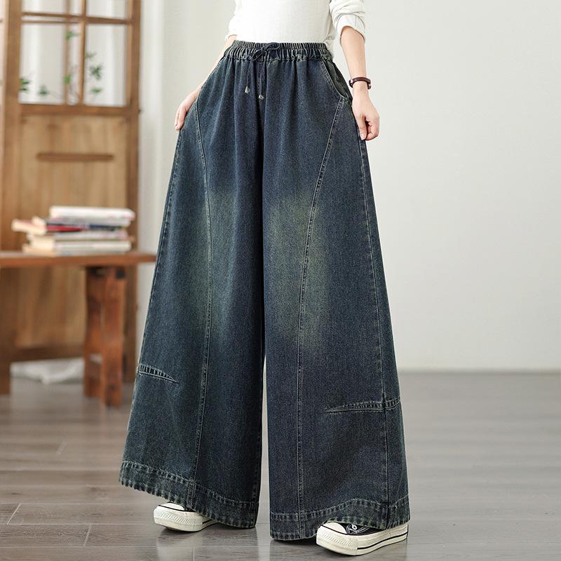 

Plus Size Elastic Denim Wide-Leg Pants - Loose, Slimming, and Versatile Large темно-синього кольору