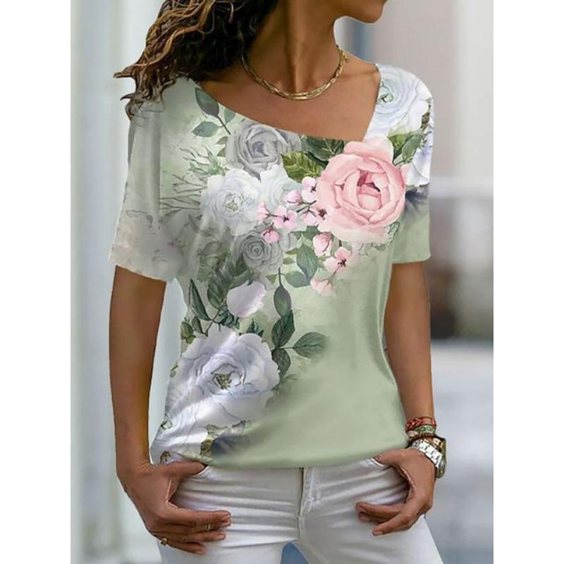 Fashion Women's Asymmetric V-neck T-shirt Spring and Summer Ladies 3D Short-sleeved Top
