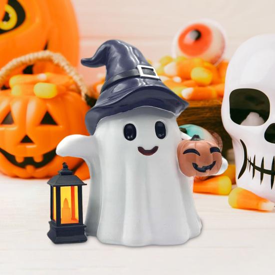 Solar Cute Ghost Statue Halloween Desktop Ornament Weather-Resistant Handmade Resin Pumpkin Ghost Figure with Light