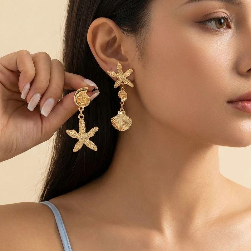 Boho Asymmetric Starfish Shell Pendant Earrings For Women Gold Color Metal Textured Sea Star Conch Dangle Earring Beach Zircon
