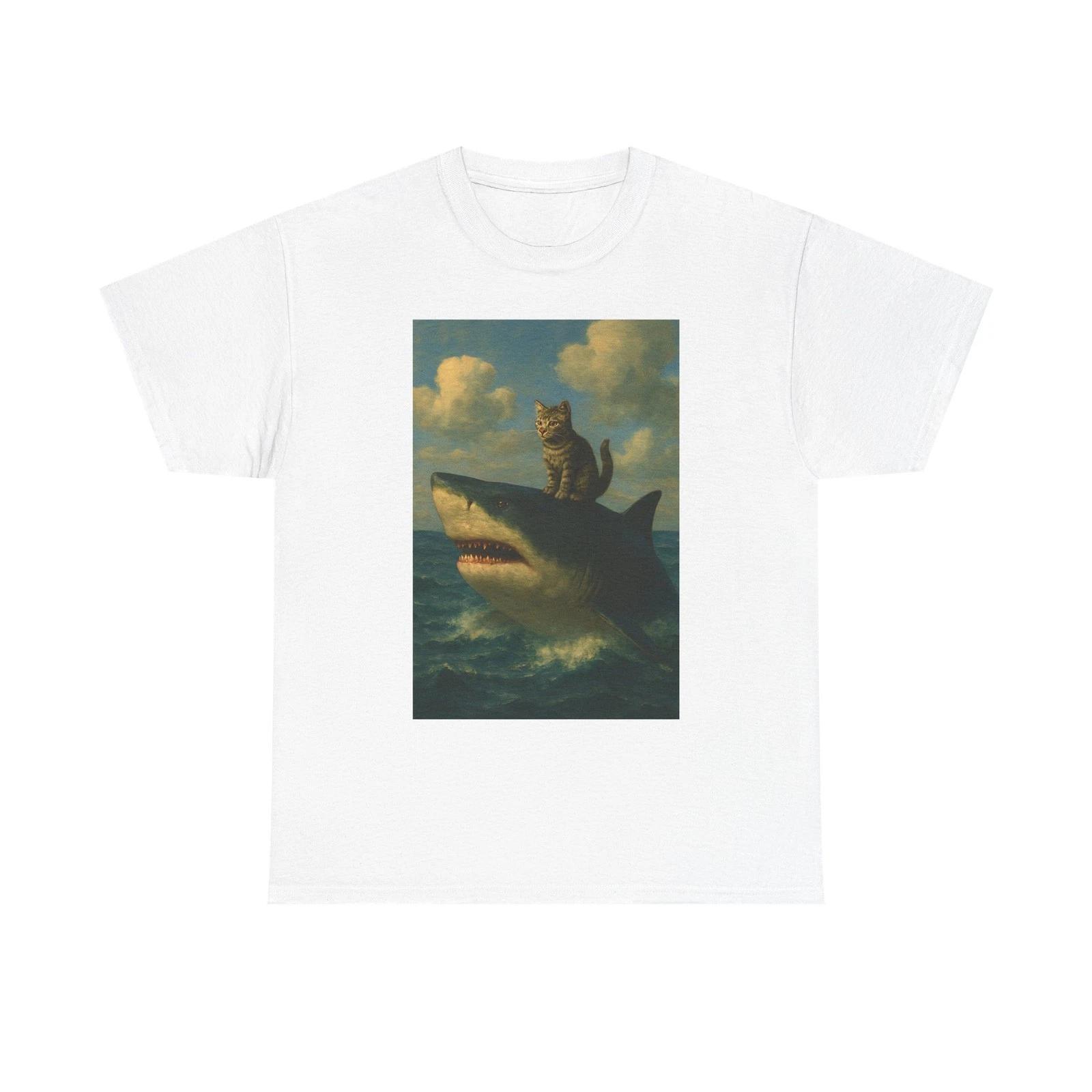 Cat on Shark Unisex Tee Fun Graphic Shirt Gift for Cat Lovers Unique S