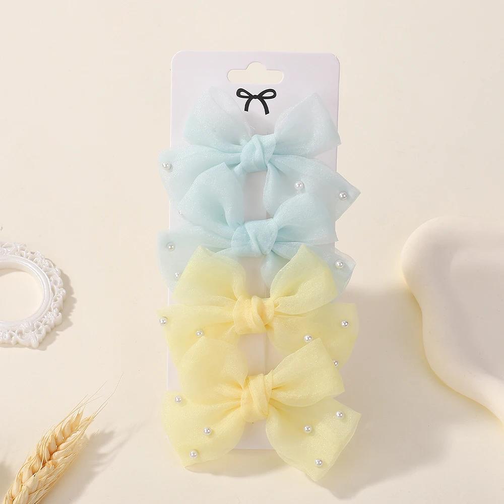 4Pcs/Set Sweet Pearl Bows Hair Clips for Girls Cute Side Clip Solid Color Hairpin Handmade with Bow Hair Accessories Headdress