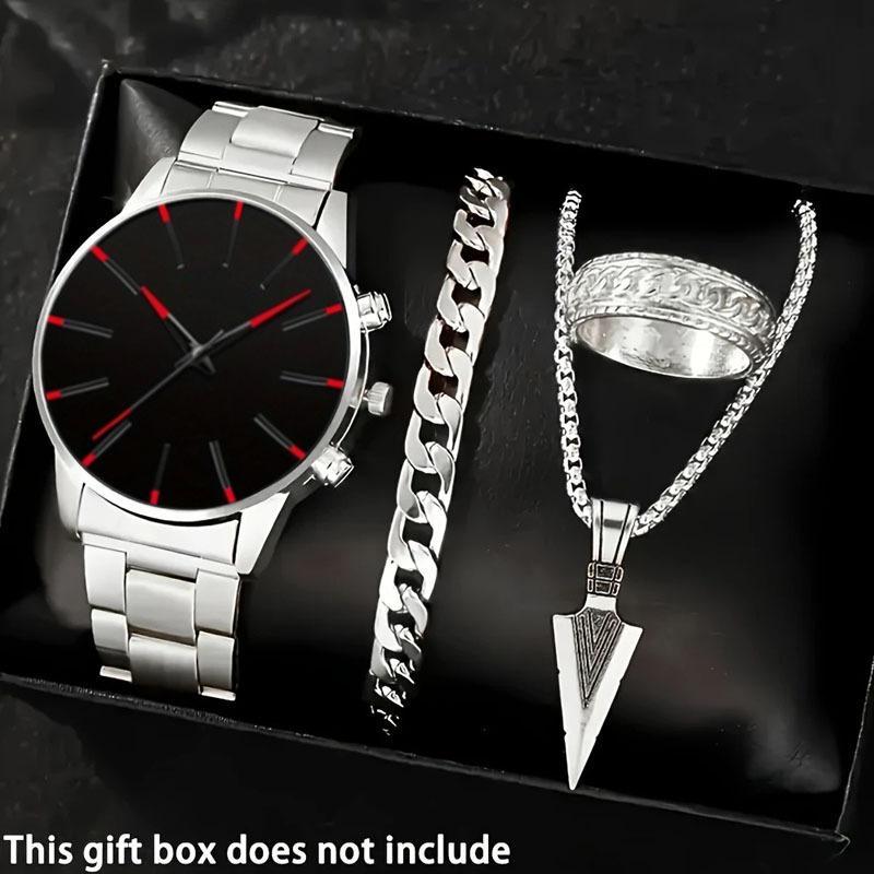 1 Set Fashionable Business Men'S Watch Necklace Ring Stylish Men'S Quartz Watch Christmas Halloween Gift